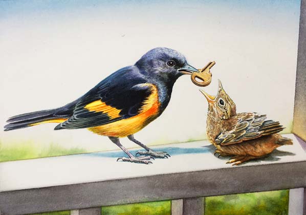 Watercolor painting of a bird feeding a key to a baby bird