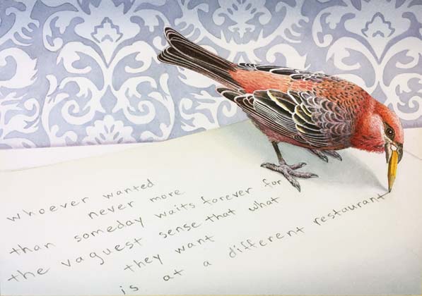 Watercolor painting of a house finch writing a note